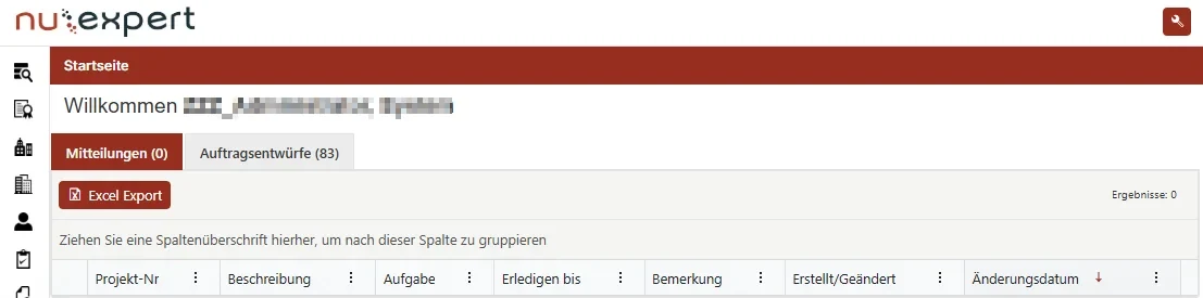 Startseite von nu:expert — Markenleiste, Navigation und Auftragsübersicht, ohne Kunden- oder Personendaten